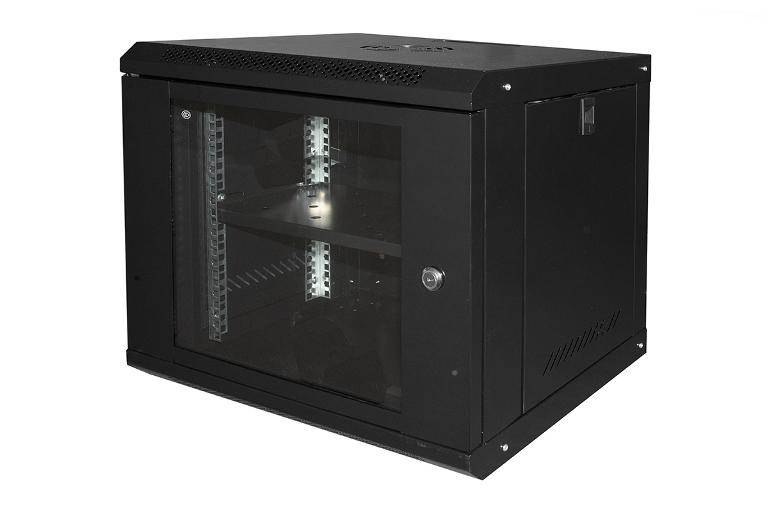ARMADIO RACK DA MURO PER RETI 19" 9U 450X400X530 CON RIPIANO (LK1909UNL) NERO