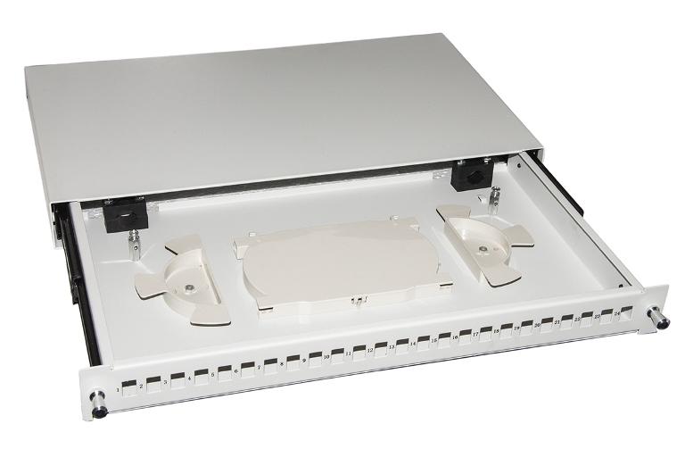 CASSETTO FIBRA OTTICA 24 PORTE PER ADATTATORI LC DUPLEX E SC SIMPLEX 1 UNITA' PER INSTALLAZIONE 19" GRIGIO CON BINARI TELESCOPICI (LKFO24GR)