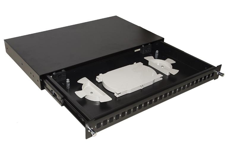 CASSETTO FIBRA OTTICA 24 PORTE PER ADATTATORI LC DUPLEX E SC SIMPLEX 1 UNITA' PER INSTALLAZIONE 19" NERO CON BINARI TELESCOPICI (LKFO24N)
