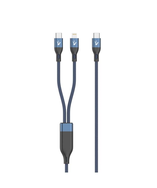 CAVO USB TYPE-C A 2 TYPE-C/LIGHTNING IN NYLON 1.2MT 100W (CS-NCCL12BL) NERO