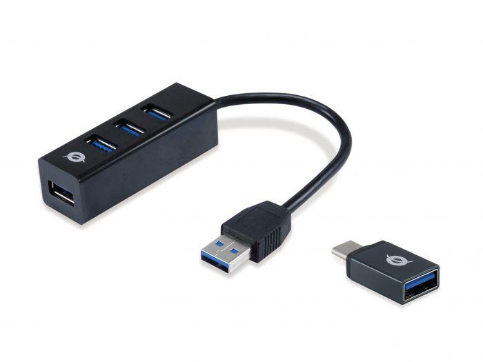 HUB 3 PORTE USB 3.2 GEN 1 (3.1 GEN 1) TYPE-A (HUBBIES04B) NERO CON ADATTATORE USB-C