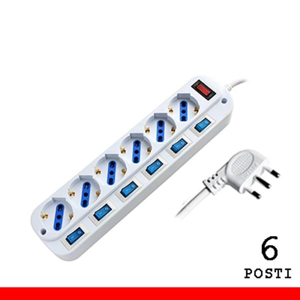 MULTIPRESA 6 POSTI PRESA BIPASSO/SCHUKO CON SPINA 16A CON INTERRUTTORI MULTIPLI (PEM203056A-W)