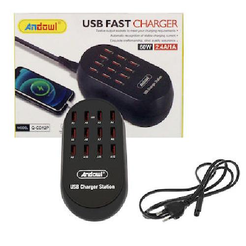 STAZIONE DI RICARICA CON 12 PORTE USB A PRESA VELOCE PER SMARTPHONE/TABLET - 60W 2.4A/1A (Q-CD12P)